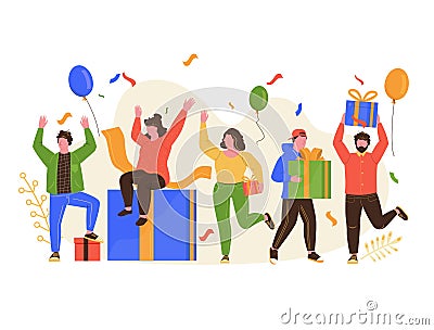 A group of people celebrate winnings in the draws. Vector Illustration